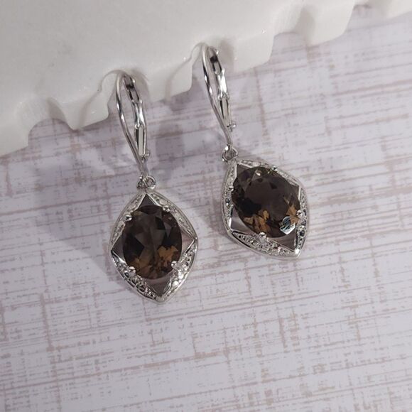 Smoky Topaz Dangle Earrings in Sterling Silver - Picture 3 of 11